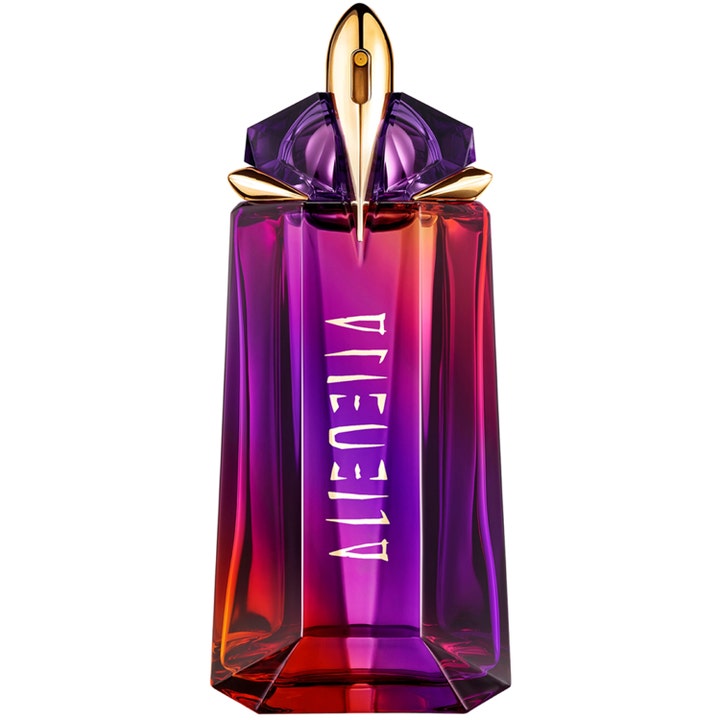 Mugler Alien Hypersense 90 ml alien parfym blommig dam i en lila och rödtonad glasflaska med guldtopp