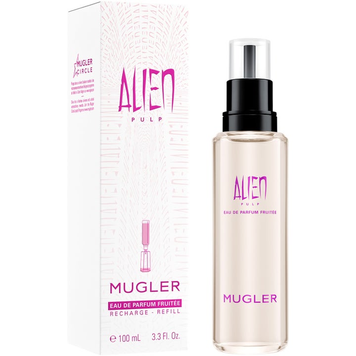 Mugler Alien Pulp Eau de Parfum 100ml parfym i en glasflaska med svart pump bredvid en vit ask med rosa detaljer