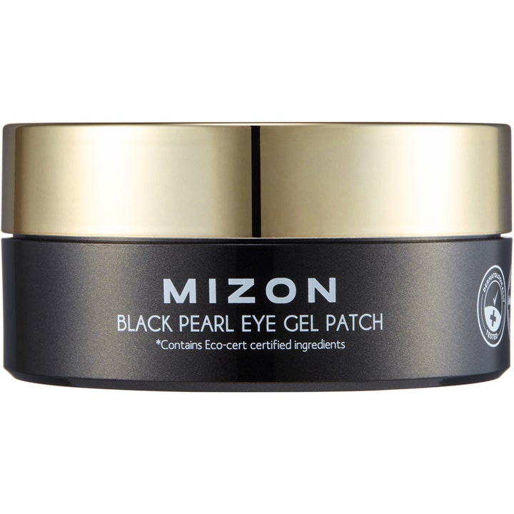 Mizon Black Pearl Eye Gel Patch 60 st revitaliserande Mizon ögonmask i en mörkgrå burk med glänsande guldlock.