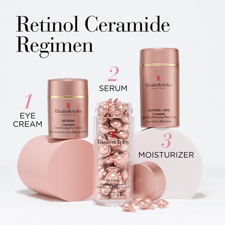 Elizabeth Arden Retinol Ceramide Water Cream 50 ml rynkreducerande nattkräm i rosa flaska som steg tre i en hudvårdsrutin.
