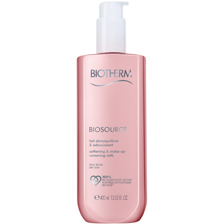 Biotherm Biosource Lait Démaquillant 400 ml mjukgörande rengöringsmjölk för torr hy i rosa flaska med vit pump