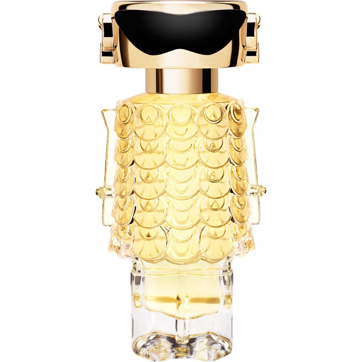 Rabanne Fame Eau de Parfum 30 ml blommig parfym i en robotformad flaska av guld och glas med svarta solglasögon