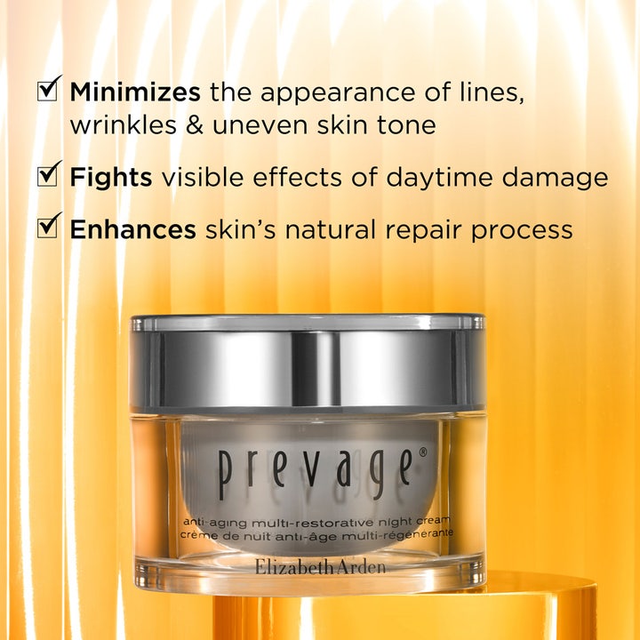 Elizabeth Arden Prevage Anti-aging Overnight Cream 50 ml nattkräm i glasburk med text om minskade rynkor