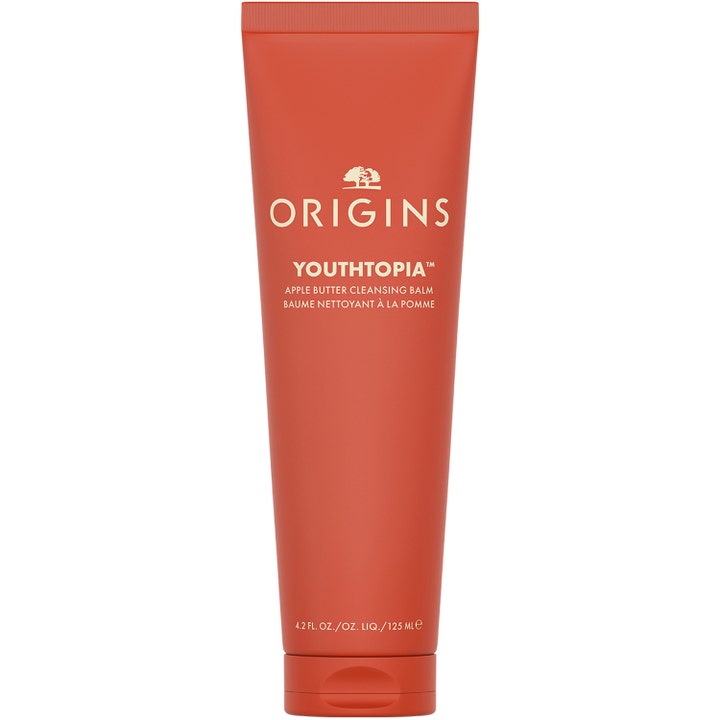 Origins Youthtopia Apple Butter Cleansing Balm 125 ml är ett närande rengöringsbalm i en matt rödorange tub.