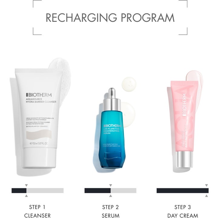 Biotherm Aquasource Cica Nutri Cream 30 ml dagkräm i rosa tub ingår i en trestegsrutin för återfuktad hud.
