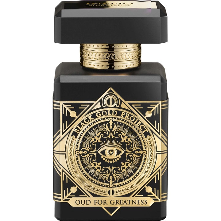 Initio Parfums Privés Oud for Greatness 50 ml EdP i en svart flaska med guldiga mönster och ett öga