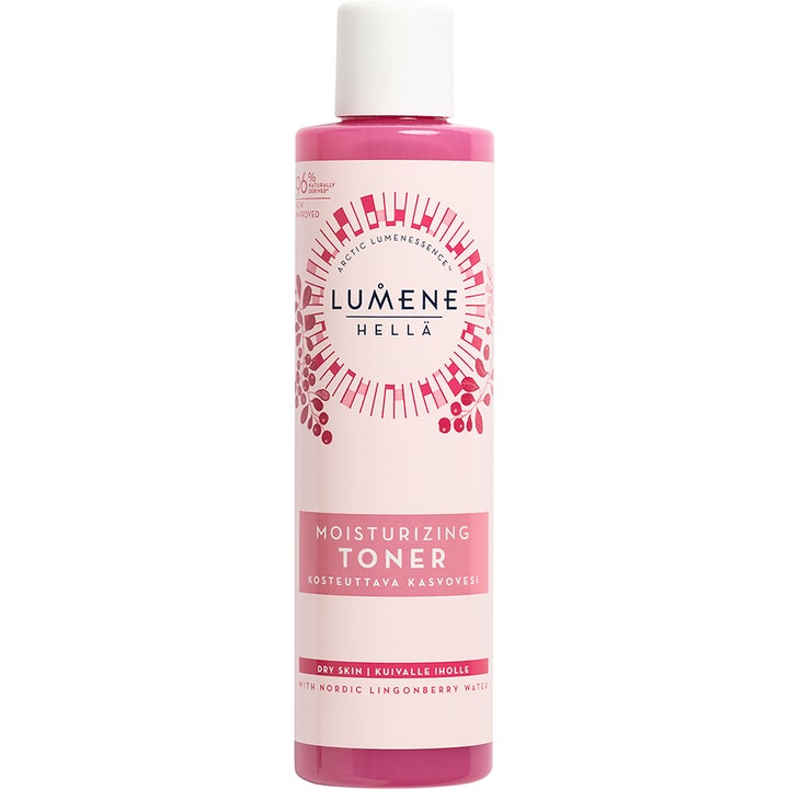 Lumene Hellä Moisturizing Toner 200 ml återfuktande ansiktsvatten i en rosa plastflaska med vitt lock och lingonmönster.