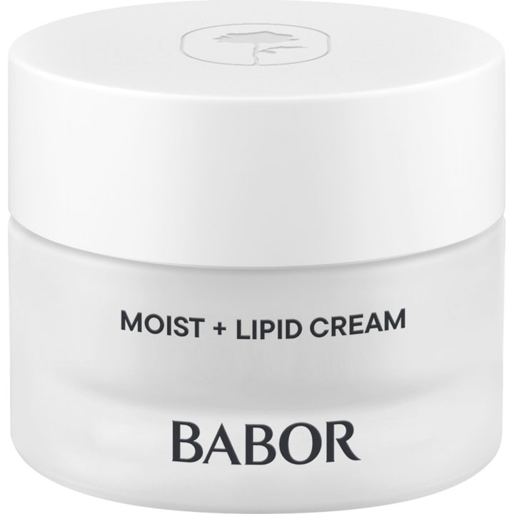 Babor Skinovage Moist + Lipid Cream skinovage återfuktande ansiktskräm och lipidkräm i burk av frostat glas med vitt lock.