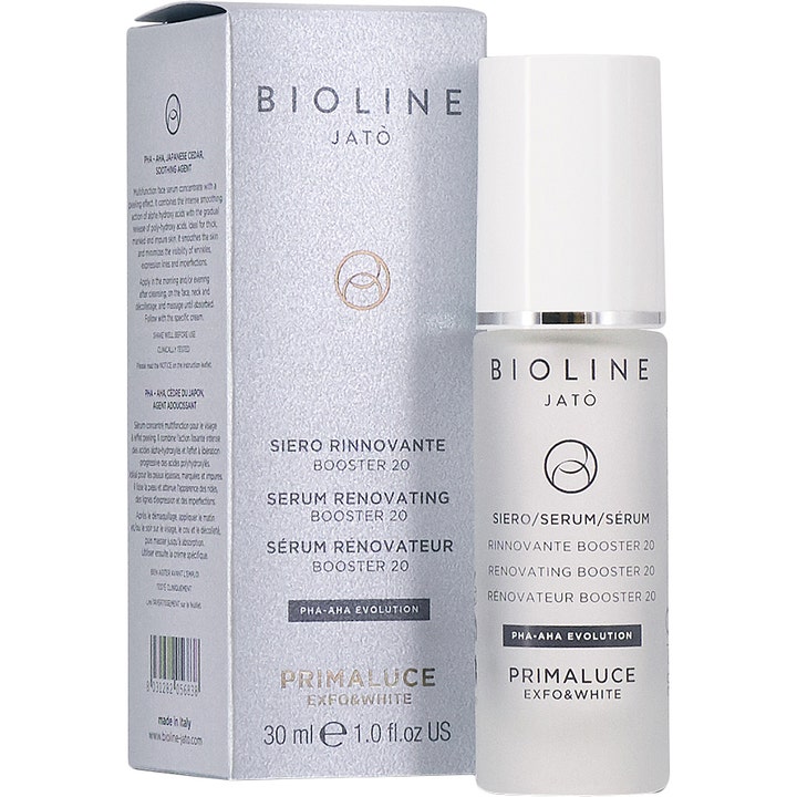 Bioline Jatò Primaluce Serum Renovating Booster 20 30 ml antiaging serum aha pha i frostad flaska bredvid en silverask