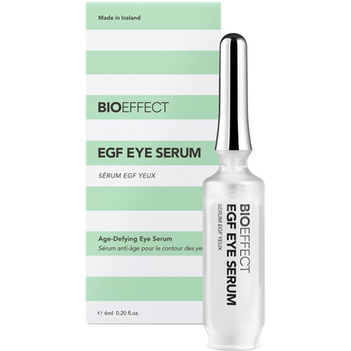 Bioeffect EGF ögonserum anti-age 6 ml i frostad glasflaska med silverlock och grönvitrandig ytterkartong.