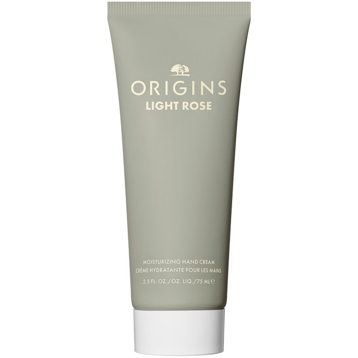 Origins Light Rose 75 ml återfuktande handkräm i en matt olivgrön tub med vitt lock som ger mjuka händer.