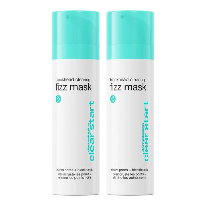 Dermalogica Clear Start Blackhead Clearing Fizz Mask ansiktsmask mot pormaskar i vita flaskor med turkosa lock.
