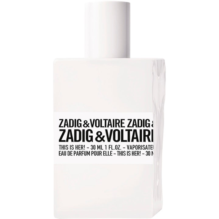 Zadig & Voltaire This Is Her! 30 ml eau de parfum i vit rektangulär flaska med ojämn sida och vitt runt lock