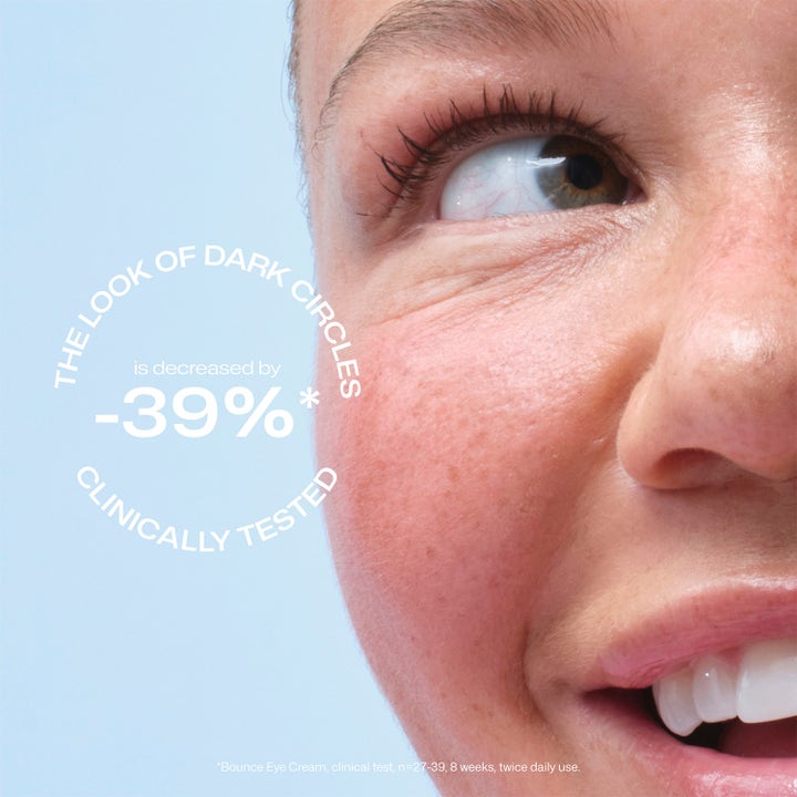 Lumene Bounce Eye Cream 10 ml ögonkräm mot mörka ringar visas på hud med text om kliniskt testat resultat på 39%