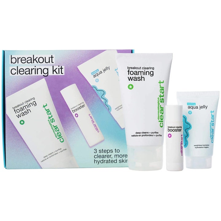 Dermalogica Clear Start Breakout Clearing Kit kit mot finnar med rengöring booster och gel i vit förpackning