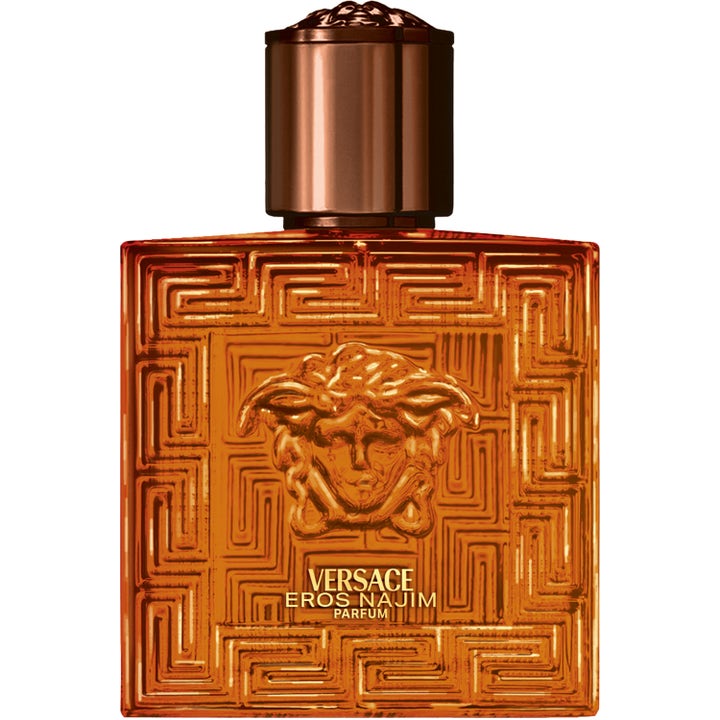 Versace Eros Najim 50 ml parfym i en fyrkantig bärnstensfärgad glasflaska med reliefmönster och bronslock