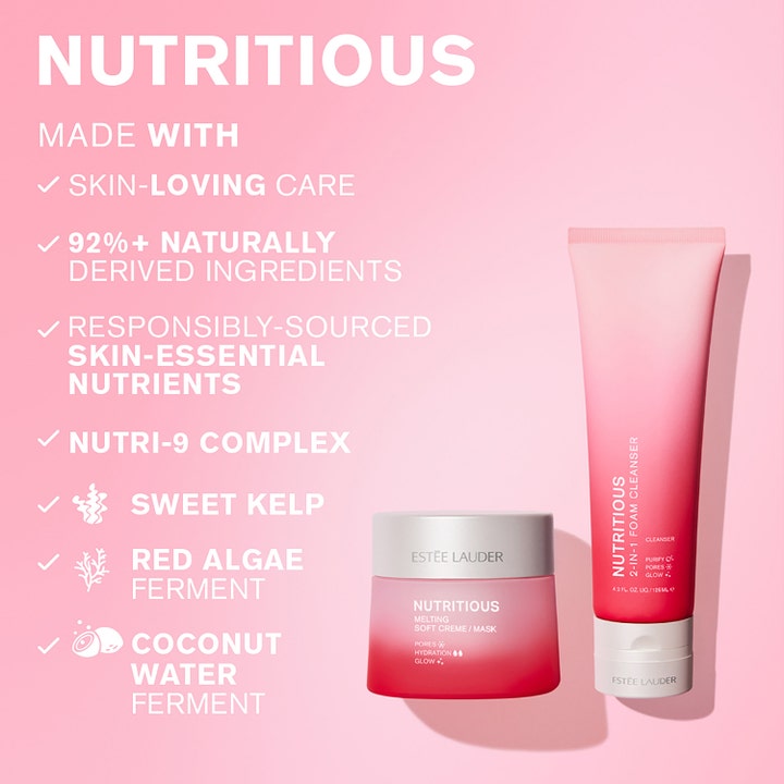 Estée Lauder Nutritious 2-In-1 Foam Cleanser 125 ml skumrengöring ger glow bredvid ansiktskräm i rosa förpackningar