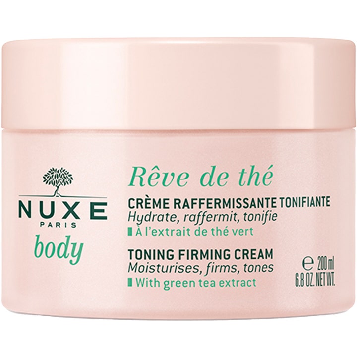 Nuxe Body Rêve de thé 200 ml fast kroppskräm med grönt te ger fast hud i en ljusrosa plastburk med matchande lock.