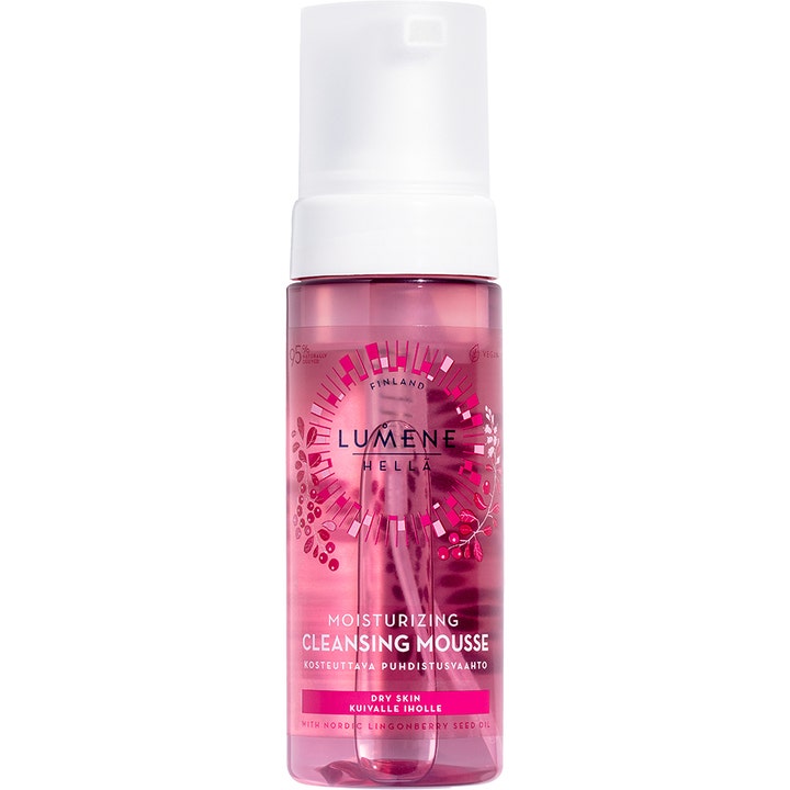 Lumene HELLÄ 150ml återfuktande cleansing mousse ger mjukhet i en rosa transparent plastflaska med vit pump