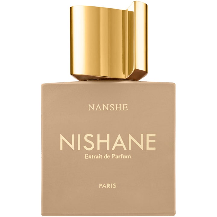Nishane Nanshe 50 ml extrait de parfum i en beige kvadratisk flaska med glänsande guldfärgat lock