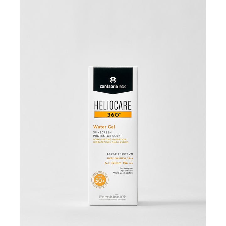 Heliocare Watergel SPF 50+ 50 ml återfuktande solskyddsgel i vit ytterförpackning med orange detaljer.