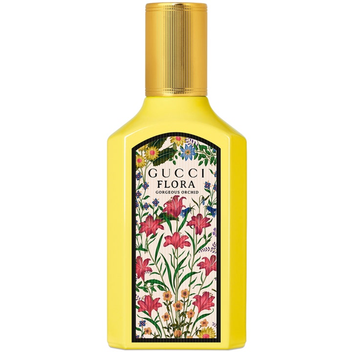Gucci Flora Gorgeous Orchid 50 ml blommig parfym i gul glasflaska med blommigt mönster och guldkork