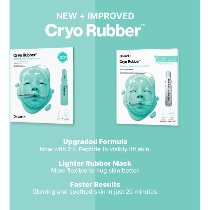 Dr.Jart+ Cryo Rubber Soothing Mask 36 g lugnande ansiktsmask visar ny förbättrad formula med allantoin och peptider.