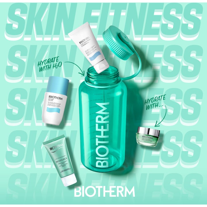 Biotherm Aqua Drop Set med hudvårdsprodukter och en turkos vattenflaska för maximal återfuktning.