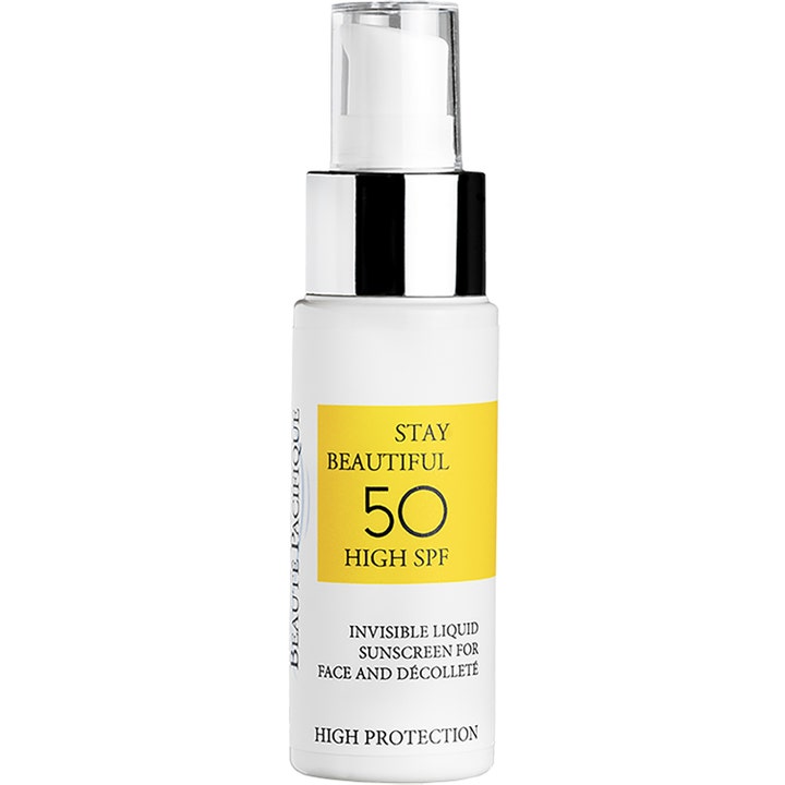 Beauté Pacifique Stay Beautiful daglig solskyddsfaktor 50 ansikte i vit pumpflaska med gul etikett och silverhals