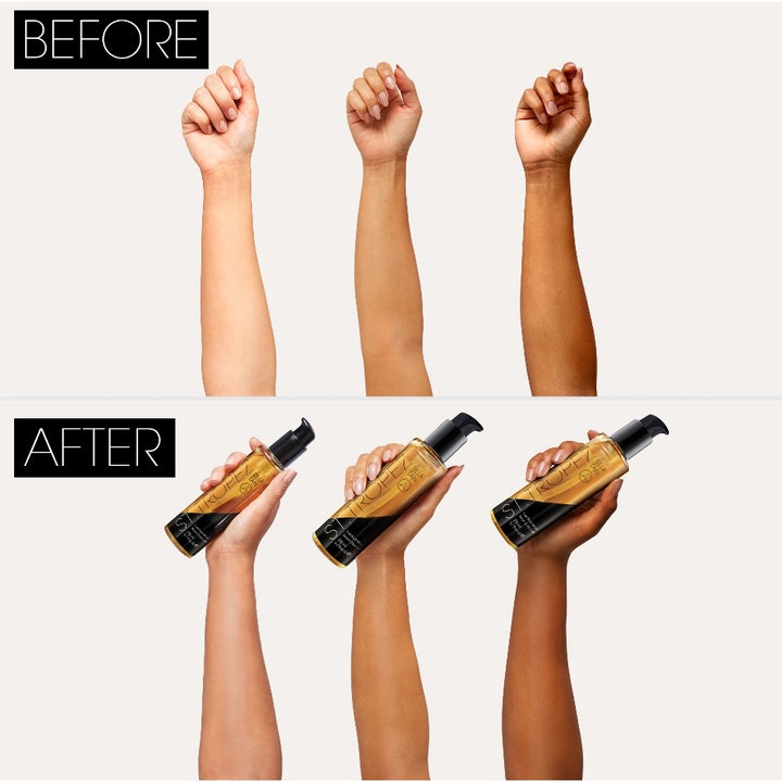 St.Tropez Self Tan Luxe Body Serum 200 ml återfuktande brun utan sol visar före och efter resultat på tre hudtoner.