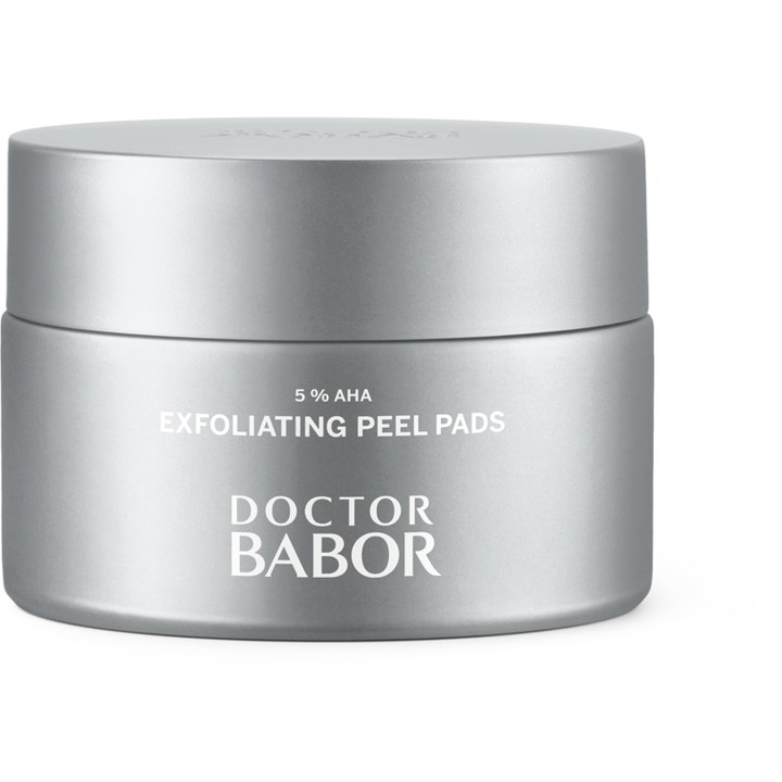 Doctor Babor 5% AHA Exfoliating Peel Pads 60 st ger lyster med aha peeling pads i en stilren silverfärgad burk.
