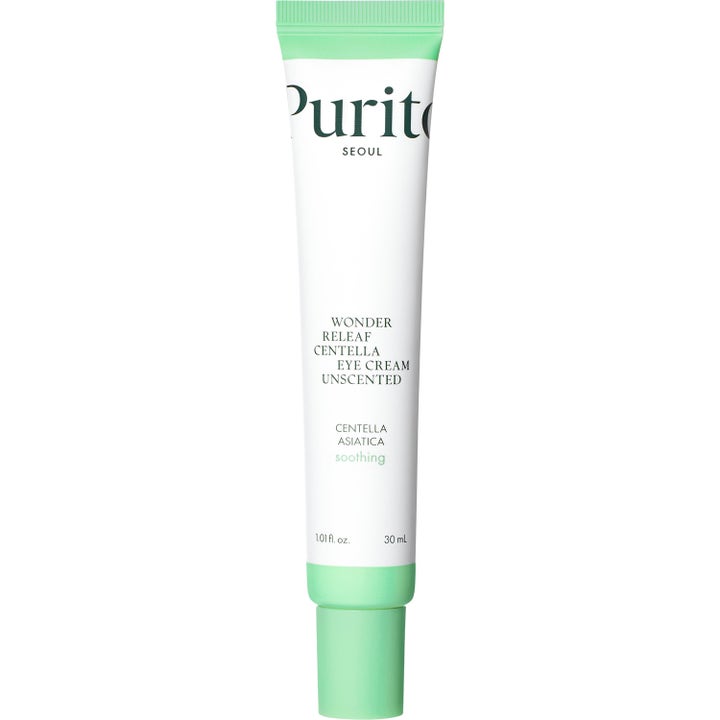 Purito Seoul Wonder Releaf Centella Eye Cream Unscented 30 ml lugnande anti-aging ögonkräm i vit tub med ljusgröna detaljer