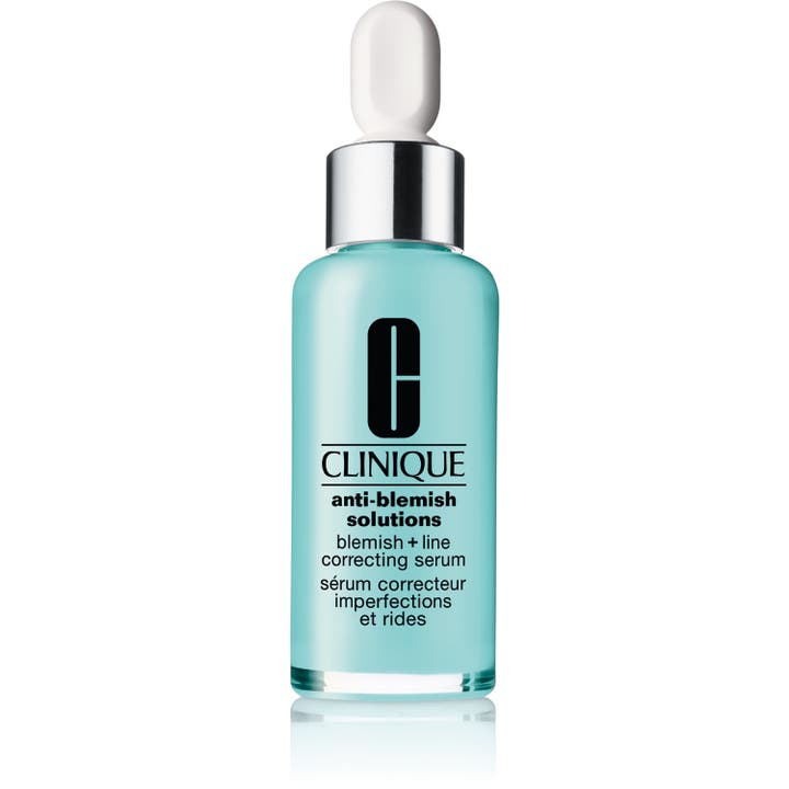 Clinique Anti-Blemish Solutions 30 ml acneserum som motverkar blemmor i en ljusblå glasflaska med silverkrage och vit pipett