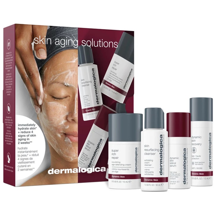 Dermalogica Skin Aging Solutions kit med nattkräm retinol serum och skin recovery i vita och grå förpackningar.