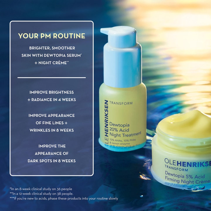 Ole Henriksen Dewtopia 5% Acid Firming Night Crème 50 ml återfuktande nattkräm för fast hud i vatten med tillhörande serum.