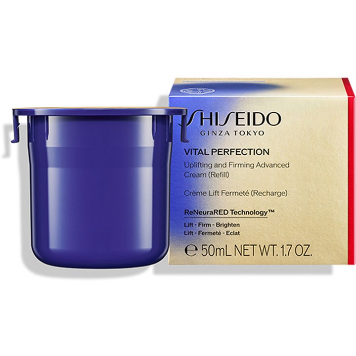 Shiseido Vital Perfection Uplifting and Firming Advanced Cream 50ml lyftande hudvård i lila refill med guldask.