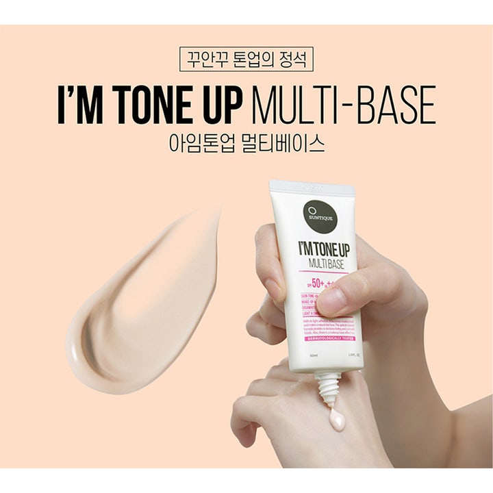 Suntique I'm Tone Up Multi Base 50 ml brightening toning primer spf 50 i vit tub med krämig beige textur