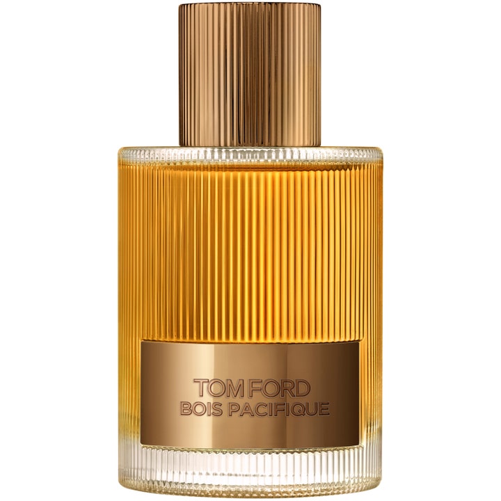 Tom Ford Bois Pacifique 100 ml träig parfym herr i en räfflad glasflaska med gulddetaljer och bärnstensfärgad vätska