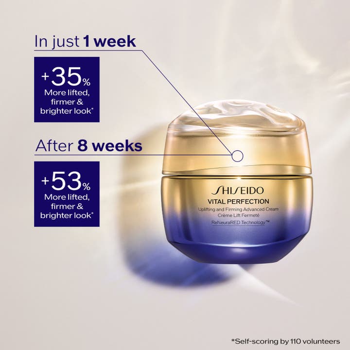Shiseido Vital Perfection Advanced Day Cream 50 ml lyftande dagkräm i guld och lila glasburk som ger fasthet.