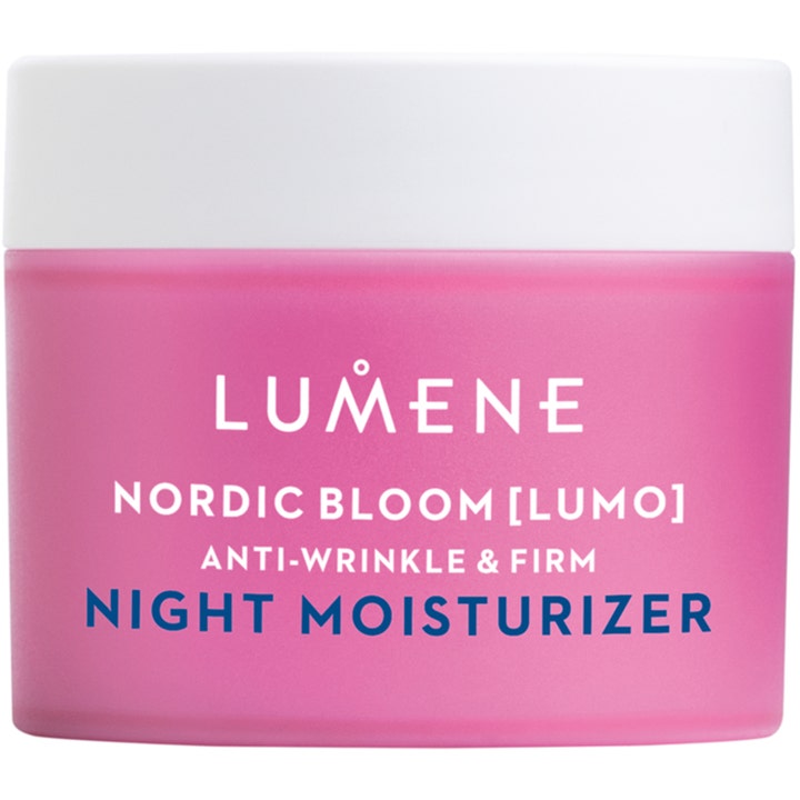 Lumene Nordic Bloom Lumo Night Moisturizer 50 ml nattkräm i rosa glasburk med vitt lock för fastare hy
