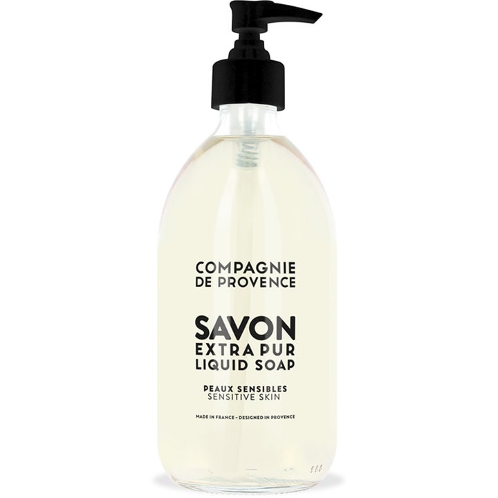 Compagnie de Provence Savon Extra Pur flytande tvål för känslig hud i genomskinlig flaska med svart pump