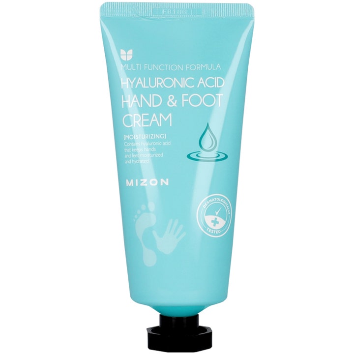Mizon Hyaluronic Acid Hand & Foot Cream dermatologiskt testad mjukgörande fotkräm i en ljusblå tub med svart lock