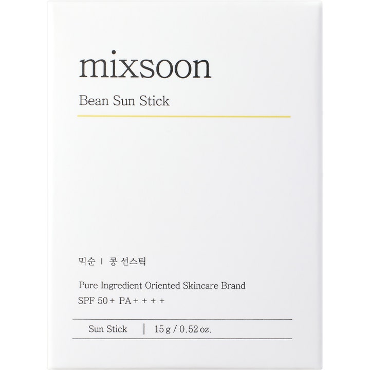 Mixsoon Bean Sun Stick 15 g solstift spf 50 i vit ytterförpackning med stilren svart text och en gul linje.