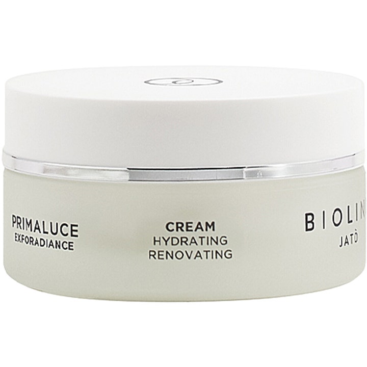 Bioline Jato Primaluce Exforadiance fuktgivande ansiktskräm anti-aging i en burk av frostat glas med vitt lock.