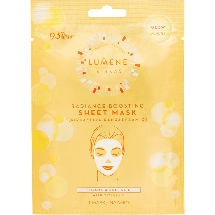 Lumene Kirkas Radiance Boosting Sheet Mask 1 st är en återfuktande ansiktsmask för glöd i gul sachet med c vitamin.