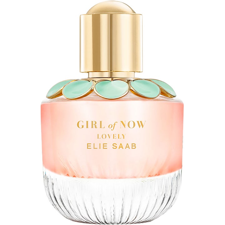 Elie Saab Girl Of Now Lovely Eau de Parfum 50 ml blommig parfym i rund glasflaska med guldlock och mintgröna blomblad