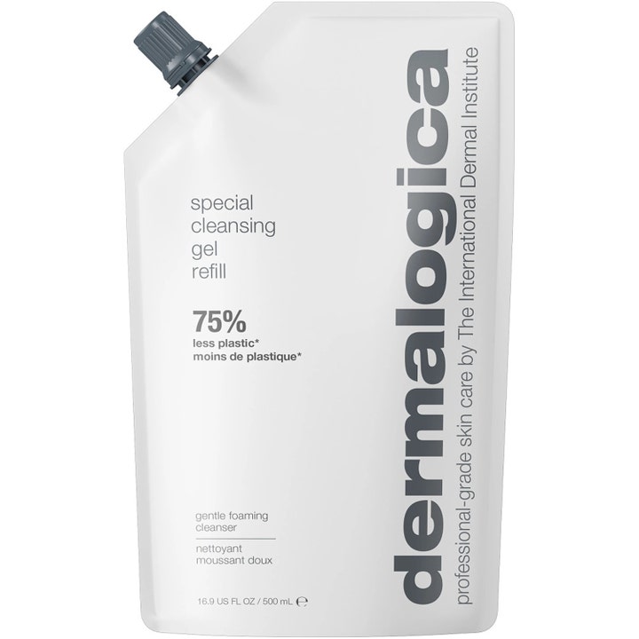 Dermalogica Special Cleansing Gel Refill 500 ml mild löddrande ansiktsrengöring i vit påfyllningspåse med grått skruvlock.