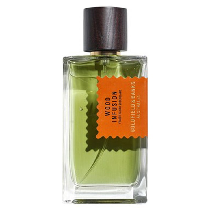 Goldfield & Banks Wood Infusion 100 ml parfym i genomskinlig flaska med grön vätska, orange etikett och mörkt trälock