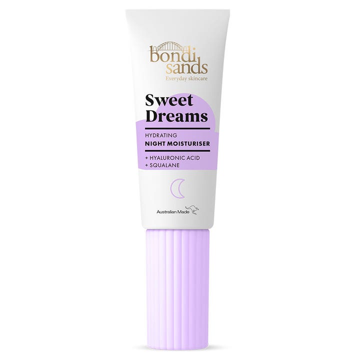 Bondi Sands Sweet Dreams återfuktande nattkräm ger fukt med skvalan i vit tub med lila detaljer och räfflad kork