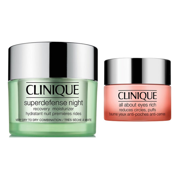 Clinique Superdefense Night och All About Eyes Rich nattkräm och ögonkräm i grön och rosa glasburk med silverlock